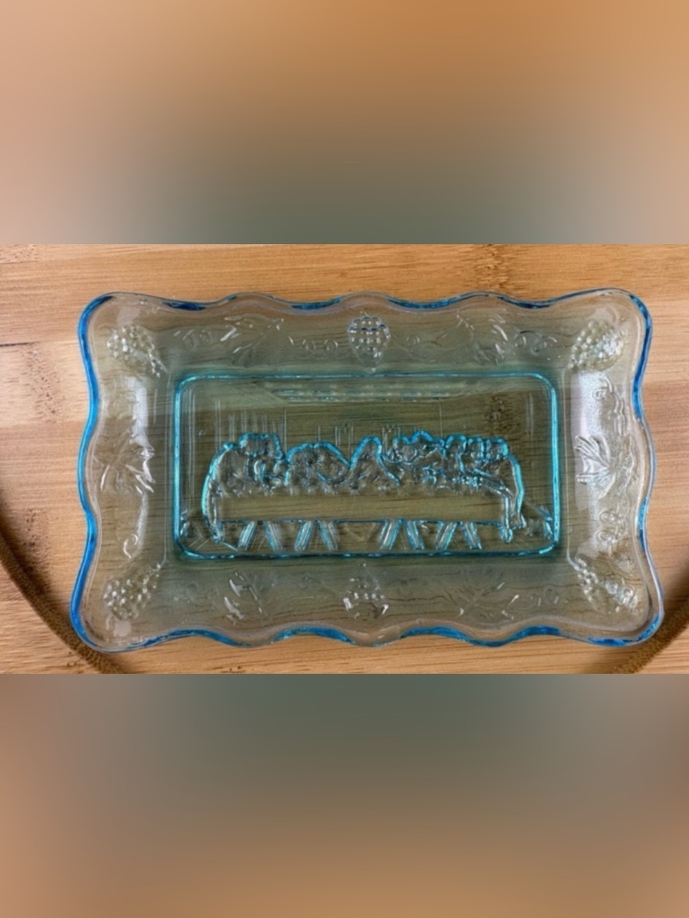 Vintage Indiana Glass “The Last Supper” Aqua Blue Butter Tray or Trinket Dish